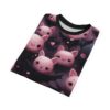 Pink and black bats with hearts cover this seamless pattern tee, with a dark, cloudy background.