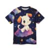 A dark blue background with stars and colorful clouds cover this sublimation graphic tee, featuring a cute white dog sitting on a cloud.
