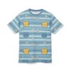 Blue and light blue stripes with smiling yellow and blue cats and white daisies cover this t-shirt.
