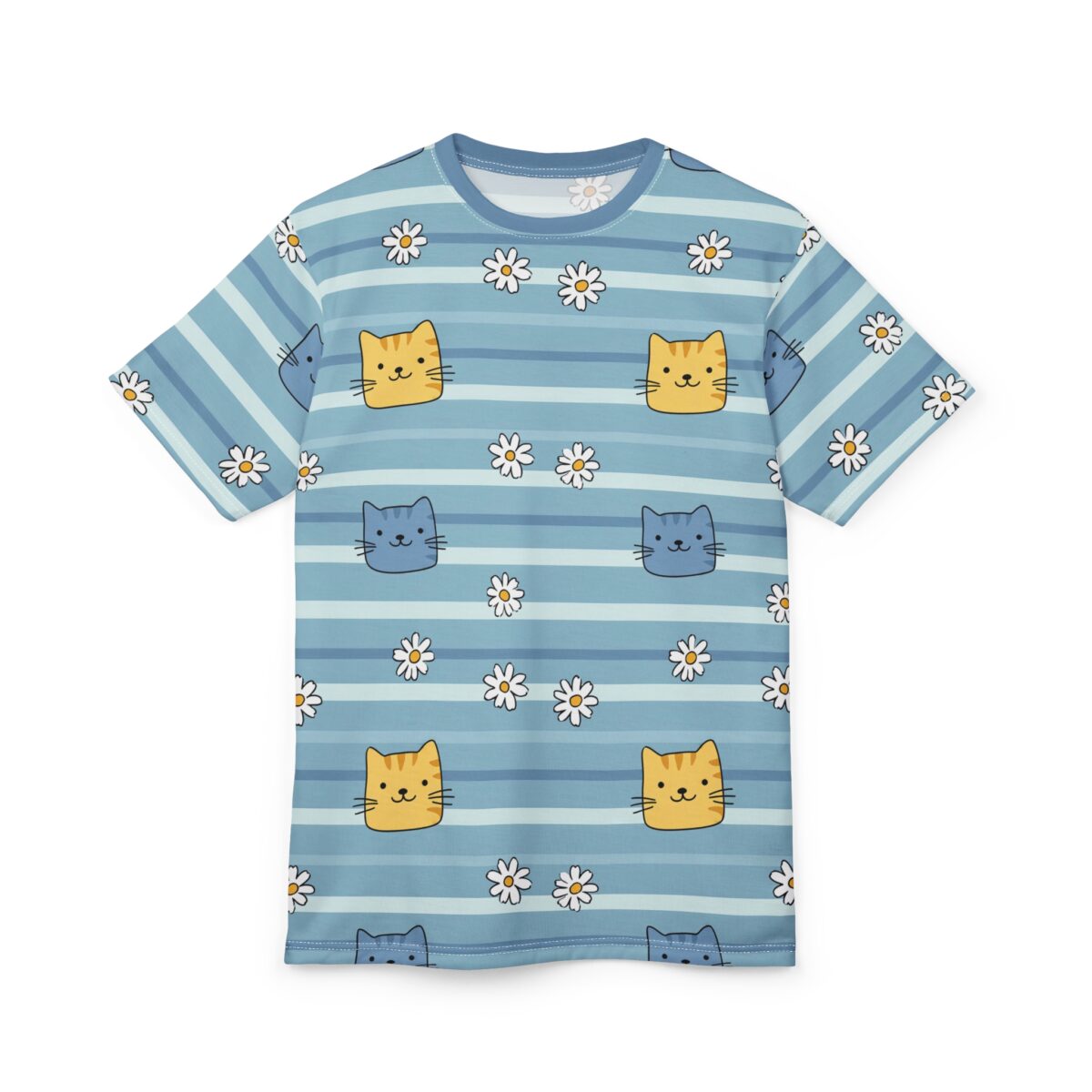 Blue and light blue stripes with smiling yellow and blue cats and white daisies cover this t-shirt.