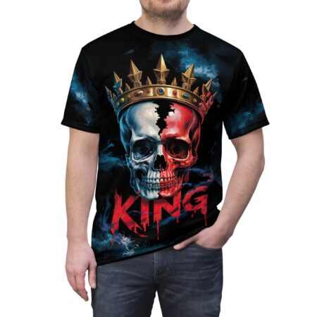 A split skull in white and red, wearing a gold crown, with blue smoke and red dripping "KING" text on this graphic streetwear tee.