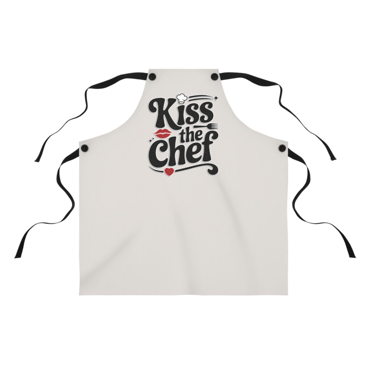 Cream kitchen apron with 'Kiss the Chef' graphic, featuring red lips, chef hat, fork, and heart accent. Perfect for cooking.