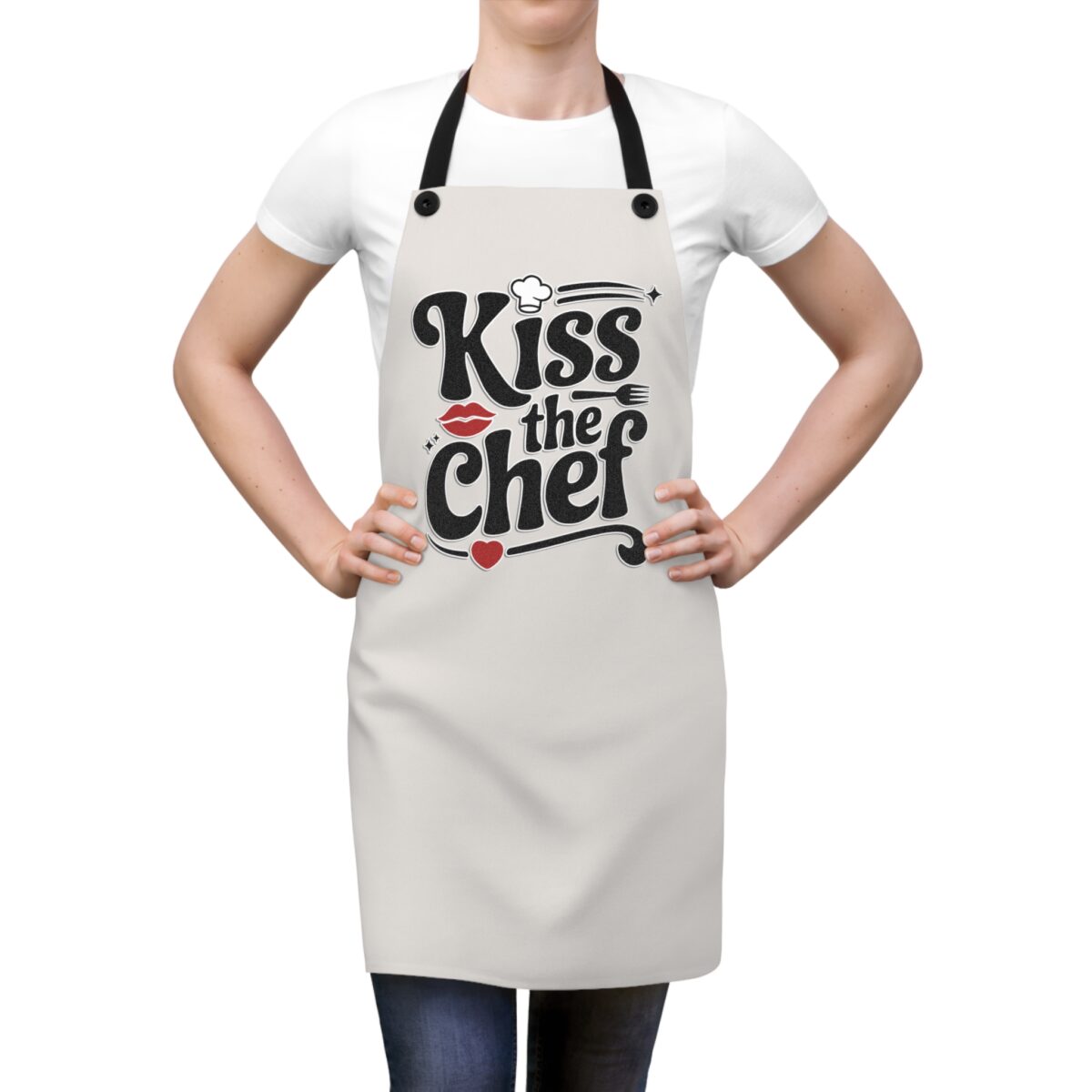 Light gray apron with black 'Kiss the Chef' graphic, featuring a chef hat, lips, and fork.