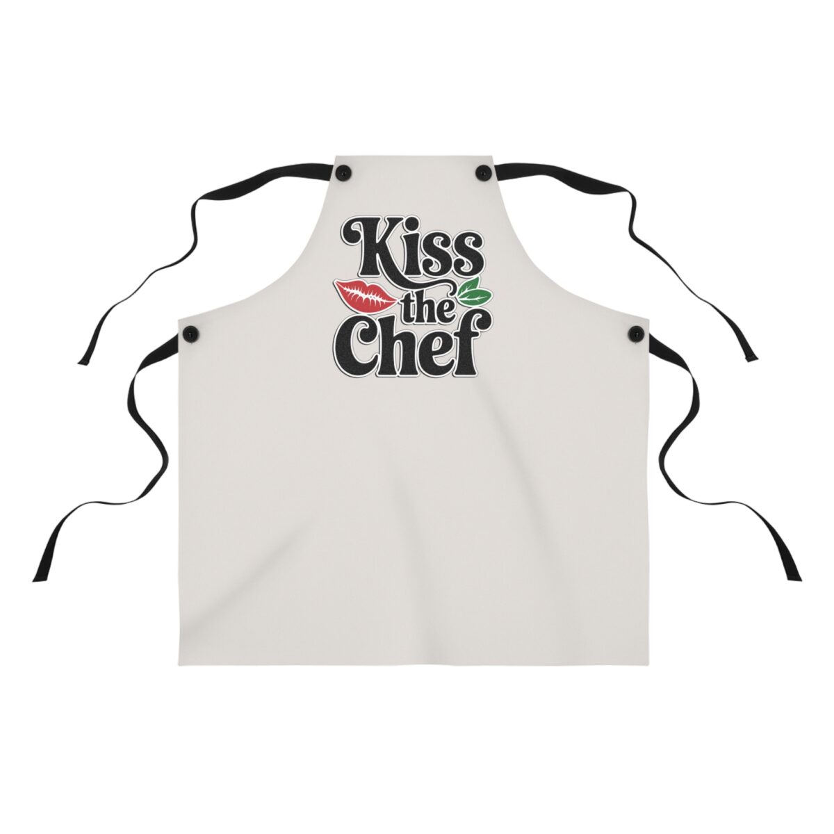 Light colored apron with 'Kiss the Chef' graphic and red lips motif.