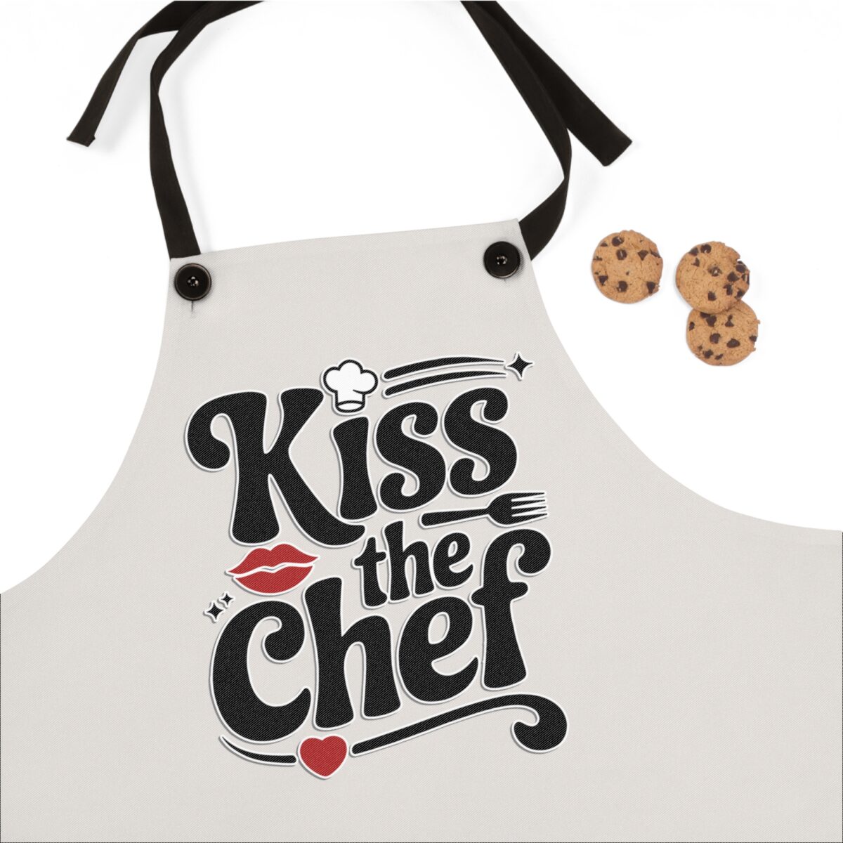 Light grey apron graphic text 'Kiss the Chef' with red lips, chef hat, fork, and heart accents for cooking enthusiasts.