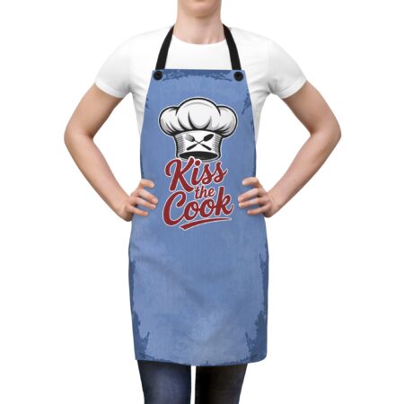 Blue kitchen apron with 'Kiss the Cook' text and chef hat graphic, perfect for culinary enthusiasts.