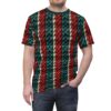 Red, green, and cream braided knit textures cover this 3D graphic t-shirt, with vertical stripes mimicking a cozy holiday sweater.