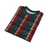 Red, teal, and cream cable knit patterns cover this oversized full print tee, creating a cozy, festive look.