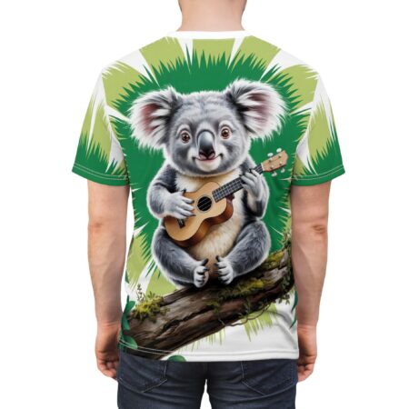 Green palm fronds and a fuzzy koala playing a ukulele cover this full print shirt.