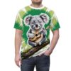 Green palm fronds and a detailed koala playing a ukulele cover this 3D graphic t-shirt, sitting on a mossy log.