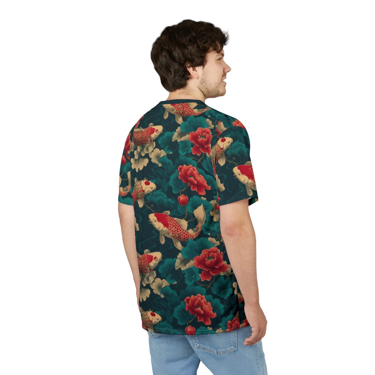 Red and white koi fish with floral and leaf patterns, all over print sublimation tee in vintage pattern style.