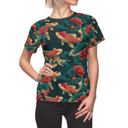 All over print sublimation tee featuring a seamless wrap around graphic of koi fish and red and teal floral patterns.