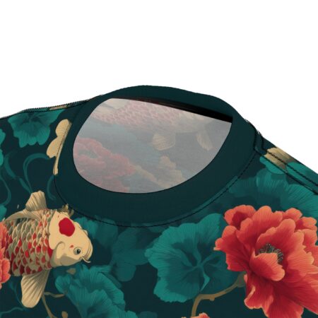 Vibrant orange and red flowers and detailed koi fish in cream and red scales adorn this dark teal full print shirt.