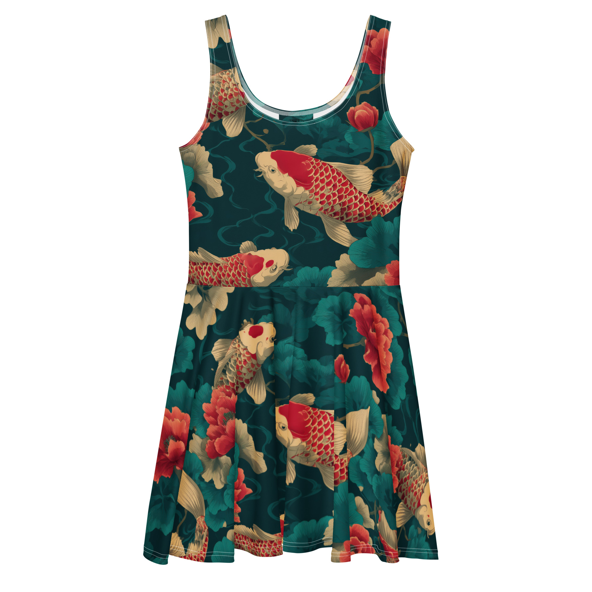 Stylish Koi Fish Skater Dress, All Over Print T-Shirt Dress, Japanese Art Fish Dress, AOP Koi Dress for Women – soft and breezy skater dress