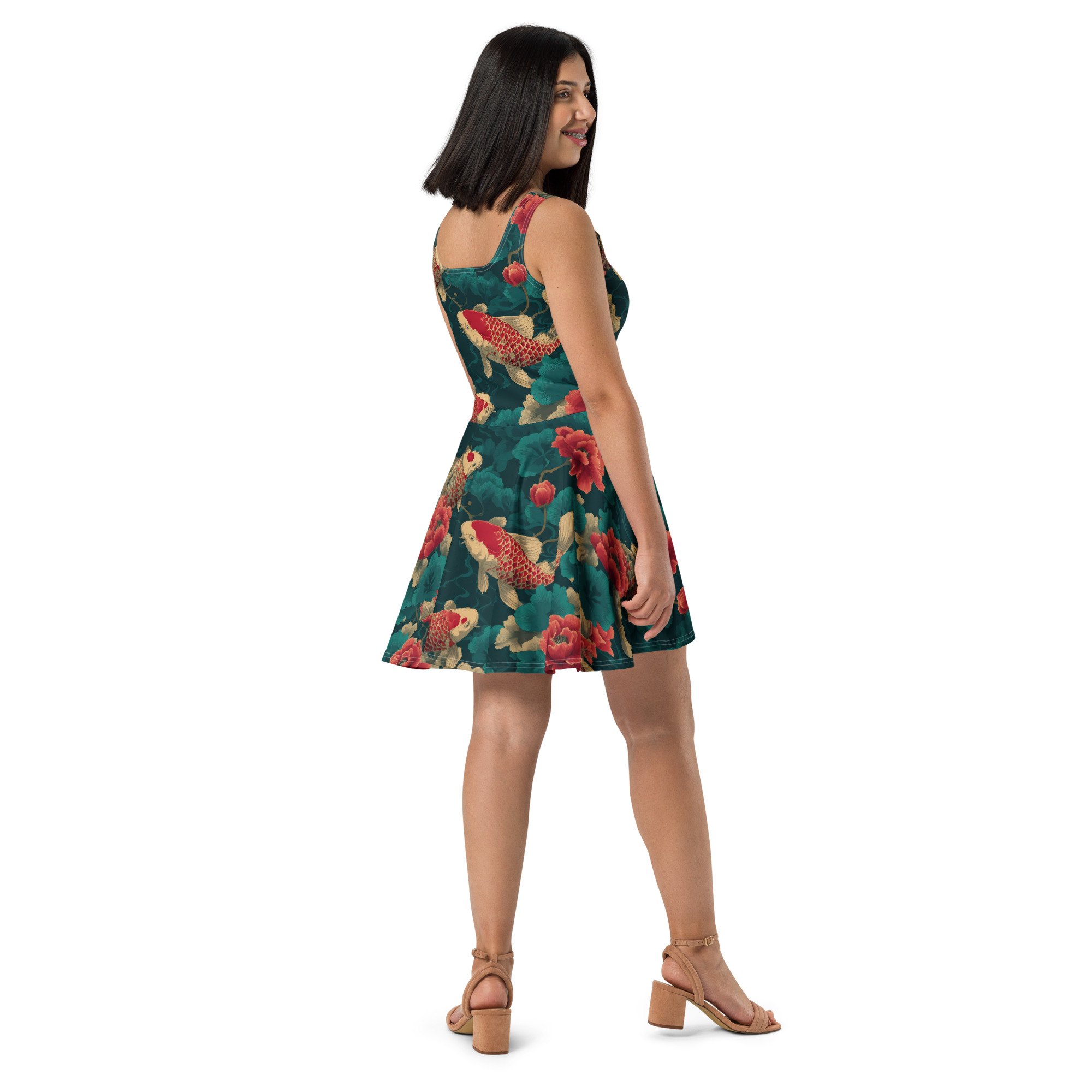 Stylish Koi Fish Skater Dress, All Over Print T-Shirt Dress, Japanese Art Fish Dress, AOP Koi Dress for Women – soft and breezy skater dress