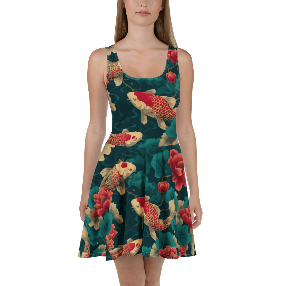 Stylish Koi Fish Skater Dress, All Over Print T-Shirt Dress, Japanese Art Fish Dress, AOP Koi Dress for Women – soft and breezy skater dress