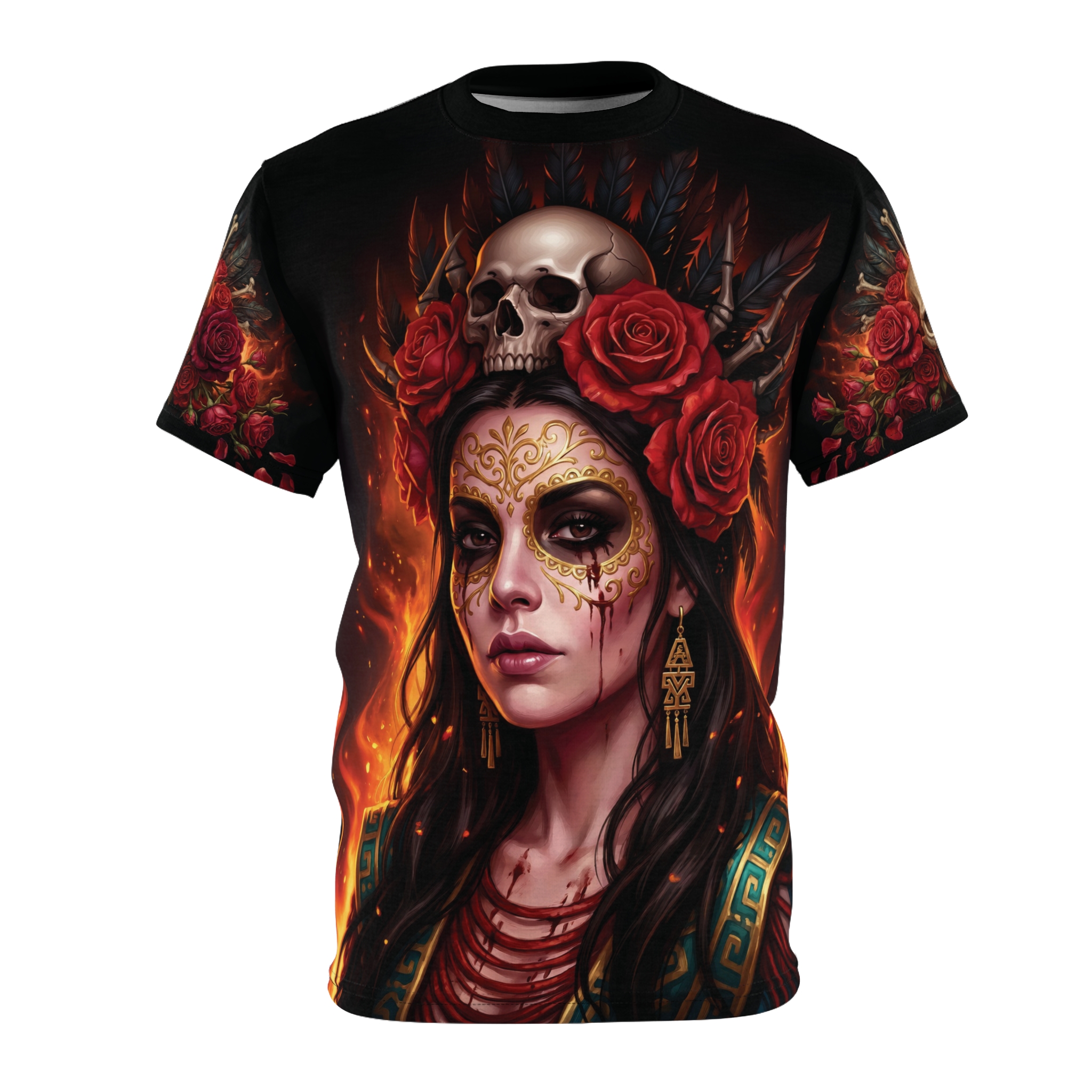 Fiery red roses, skulls, and feathers cover this 3D graphic t-shirt with a Day of the Dead queen.