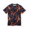 A t-shirt with a dark blue base and a vibrant, cracked lava pattern with glowing orange and yellow highlights.