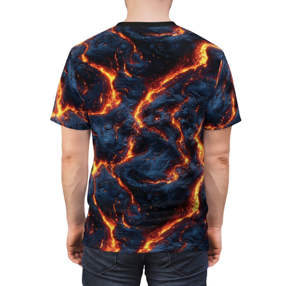 Fiery lava flow all over print sublimation tee featuring molten rock texture and glowing orange cracks.
