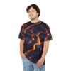 Fiery orange and yellow cracks run through deep blue, textured lava patterns across this all over print t-shirt.