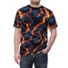 T-shirt with a vibrant lava flow pattern in dark blue and glowing orange.