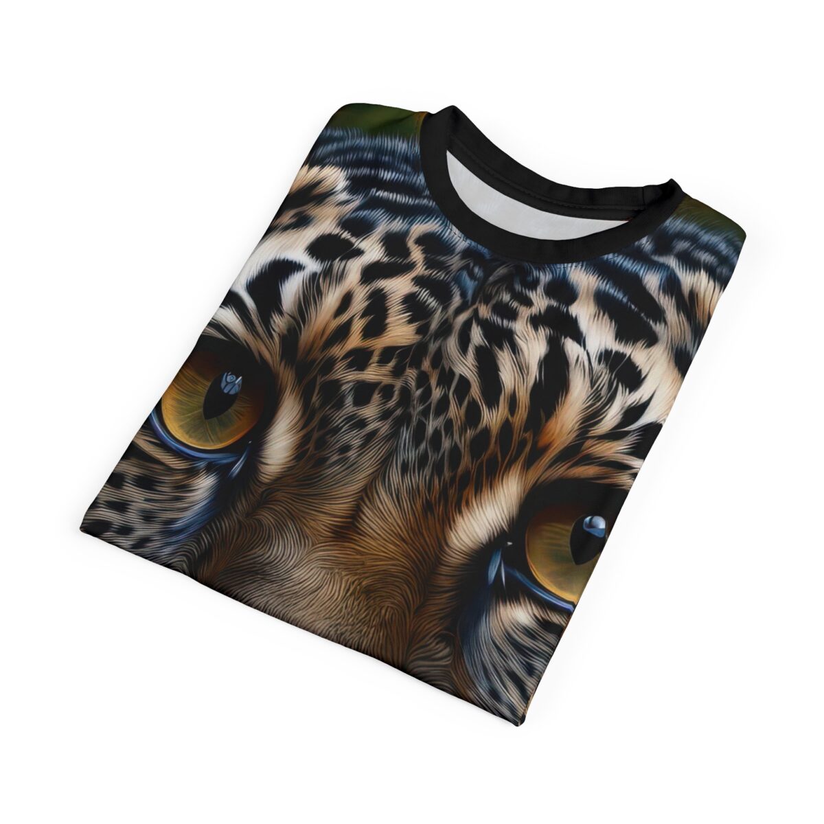 Leopard eye all over print sublimation tee, realistic animal face graphic wrap around design.