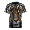 Realistic leopard face all over print sublimation tee with intense yellow eyes and detailed fur pattern wrap around graphic.