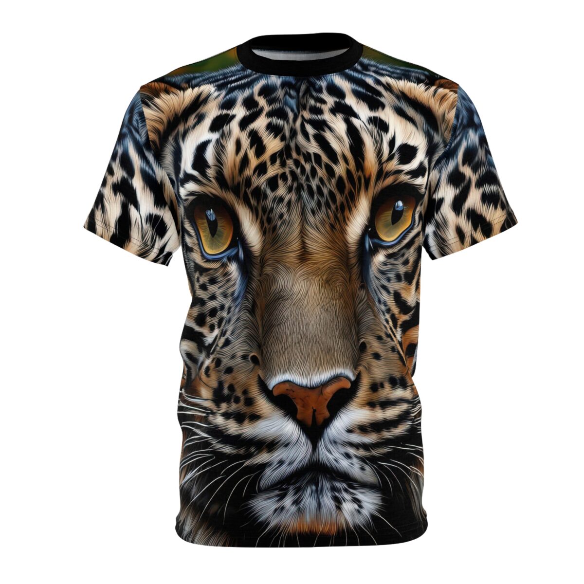Realistic leopard face all over print sublimation tee with intense yellow eyes and detailed fur pattern wrap around graphic.