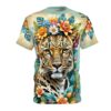 Leopard face with floral crown all over print sublimation tee, featuring vibrant orange and blue flowers and lush green leaves.
