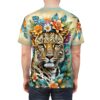Leopard head with floral crown, surrounded by colorful flowers and leaves. All over print sublimation tee.