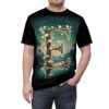 Green and white flowers and leaves cover this all over print apparel, depicting a luminous letter E set against a serene mountain landscape and lake.