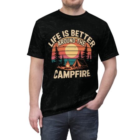 Black with distressed texture and a vibrant sunset graphic featuring a campfire, tent, and trees.
