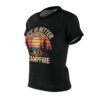 Black t-shirt with vintage sunset graphic, campfire, tent, and trees, reading 'Life is Better Around the Campfire'.