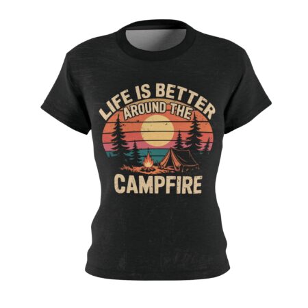 Black t-shirt with vintage sunset graphic featuring a campfire, tent, and pine trees with text 'Life is Better Around the Campfire'.
