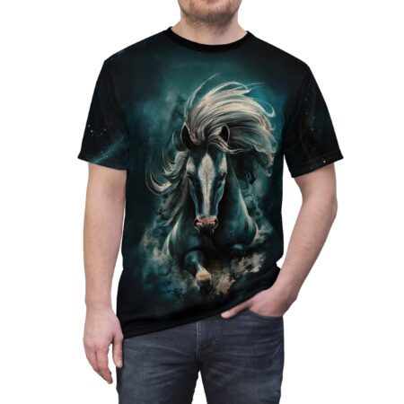 Dark teal all over print sublimation tee featuring a powerful black horse with flowing mane running through cosmic clouds.