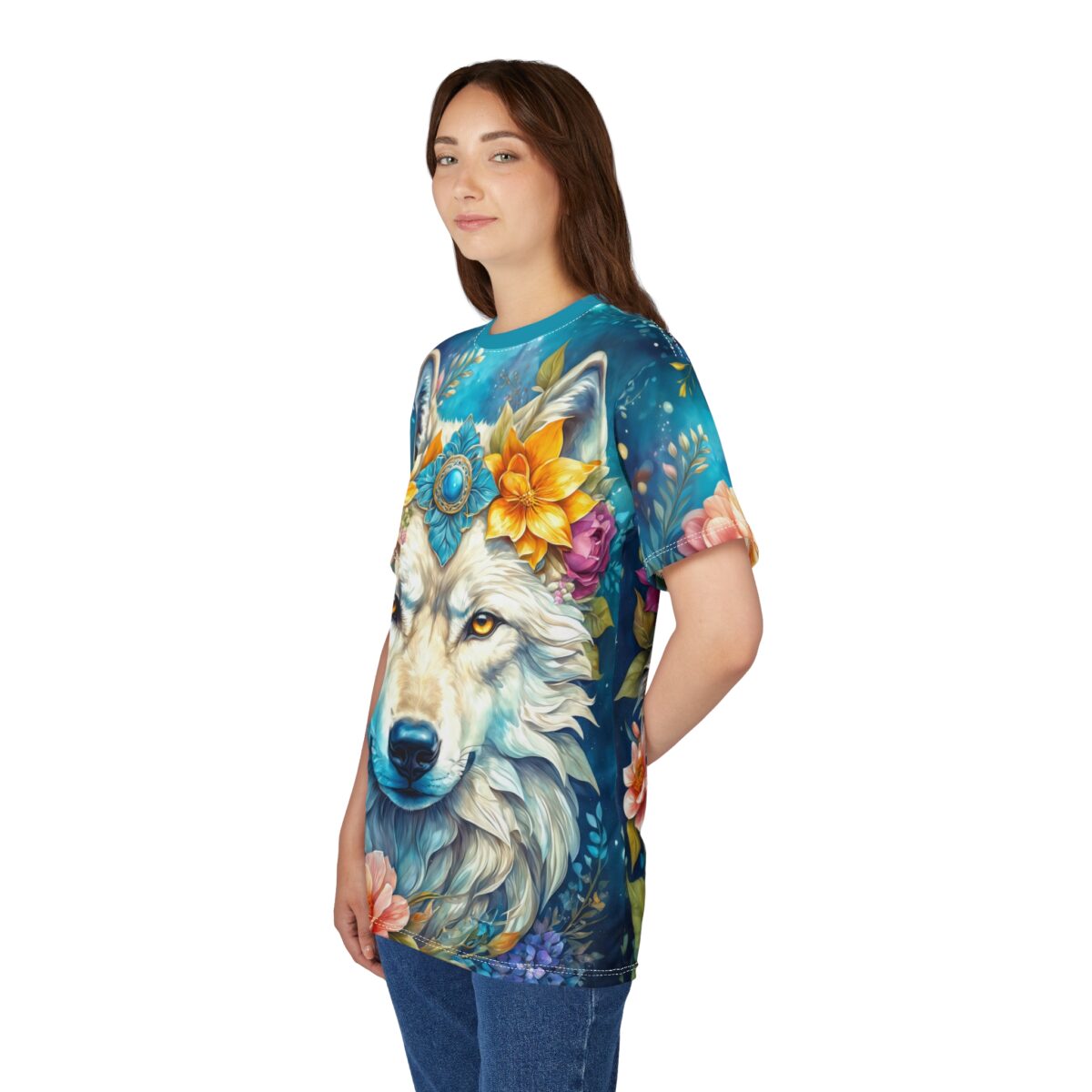 Vibrant blues and floral patterns cover this full print shirt, depicting a majestic wolf adorned with a crown of colorful flowers.