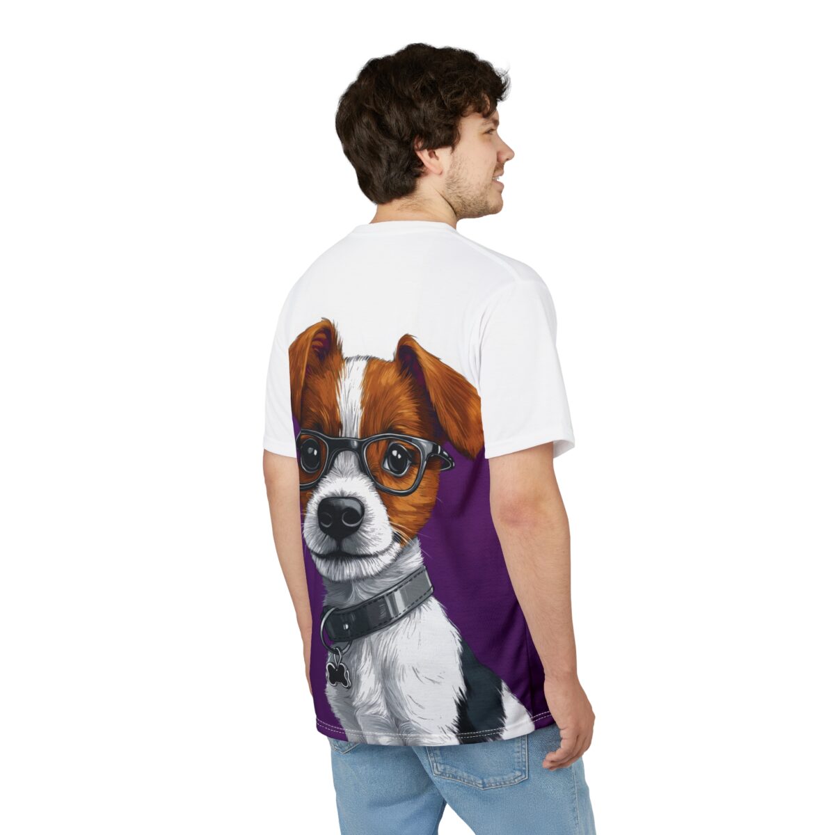 A t-shirt with a printed image of a Jack Russell Terrier wearing glasses and a collar.