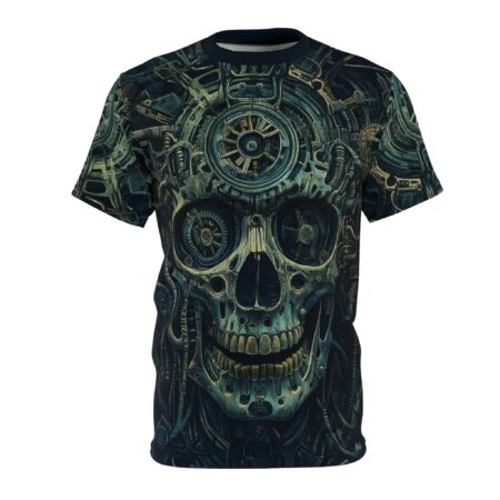 Dark greens and metallic grays cover this 3D graphic t-shirt, depicting a detailed bio-mechanical skull with intricate gears and tubing.