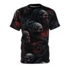 A black t-shirt with a dark, intricate design featuring multiple skulls with glowing red eyes and intertwined dark roots.