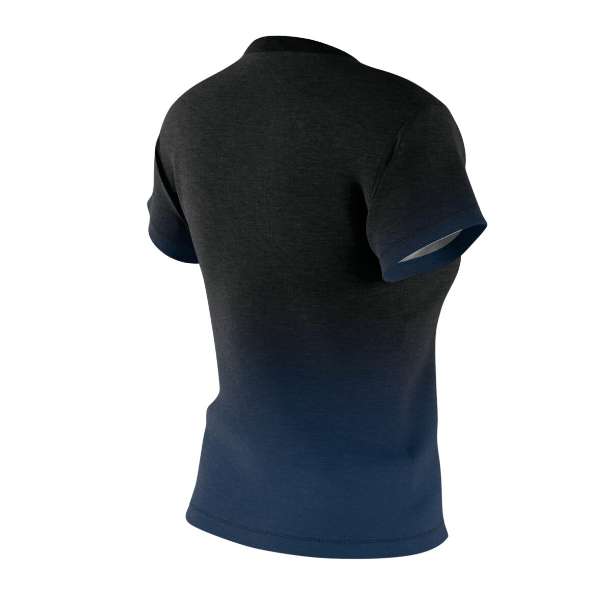 Men's dark charcoal to navy blue ombre t-shirt, crewneck short-sleeve sublimation tee with seamless gradient design.