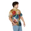 Floral sublimation tee featuring a vibrant lily print, retro repeat pattern, and streetwear aesthetic all-over-print design.