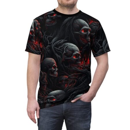 Dark gray and deep red tones cover this all over print apparel, depicting a chaotic pattern of gothic skulls intertwined with gnarled, shadowy tendrils and glowing embers.
