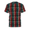 A men's crew neck t-shirt with a textured knit pattern featuring vertical stripes of red, teal, and cream.