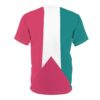 A t-shirt with a modern geometric design featuring vertical stripes of pink and teal, separated by a white stripe. The white stripe tapers to a point at the bottom, forming a triangular shape with the pink stripe.