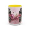 Graphic mug with flowers and text 'Just a Mom Who Rescues Dogs' for dog lovers.