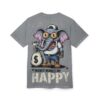 A cartoon elephant wearing jeans, a white t-shirt, a backward baseball cap, and orange boots, holding a money bag with a dollar sign and wearing glasses shaped like dollar signs. The shirt has the text
