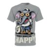 Gray all over print t-shirt, happy elephant graphic, money-sign glasses, holding cash bag, 'Money Makes Me Happy' quote, distressed effect.
