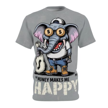 Gray all over print t-shirt, happy elephant graphic, money-sign glasses, holding cash bag, 'Money Makes Me Happy' quote, distressed effect.