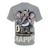 Light gray all over print sublimation tee, streetwear aesthetic. Cartoon elephant, dollar sign sunglasses, backwards cap, money bag, 'Money Makes Me Happy' text.