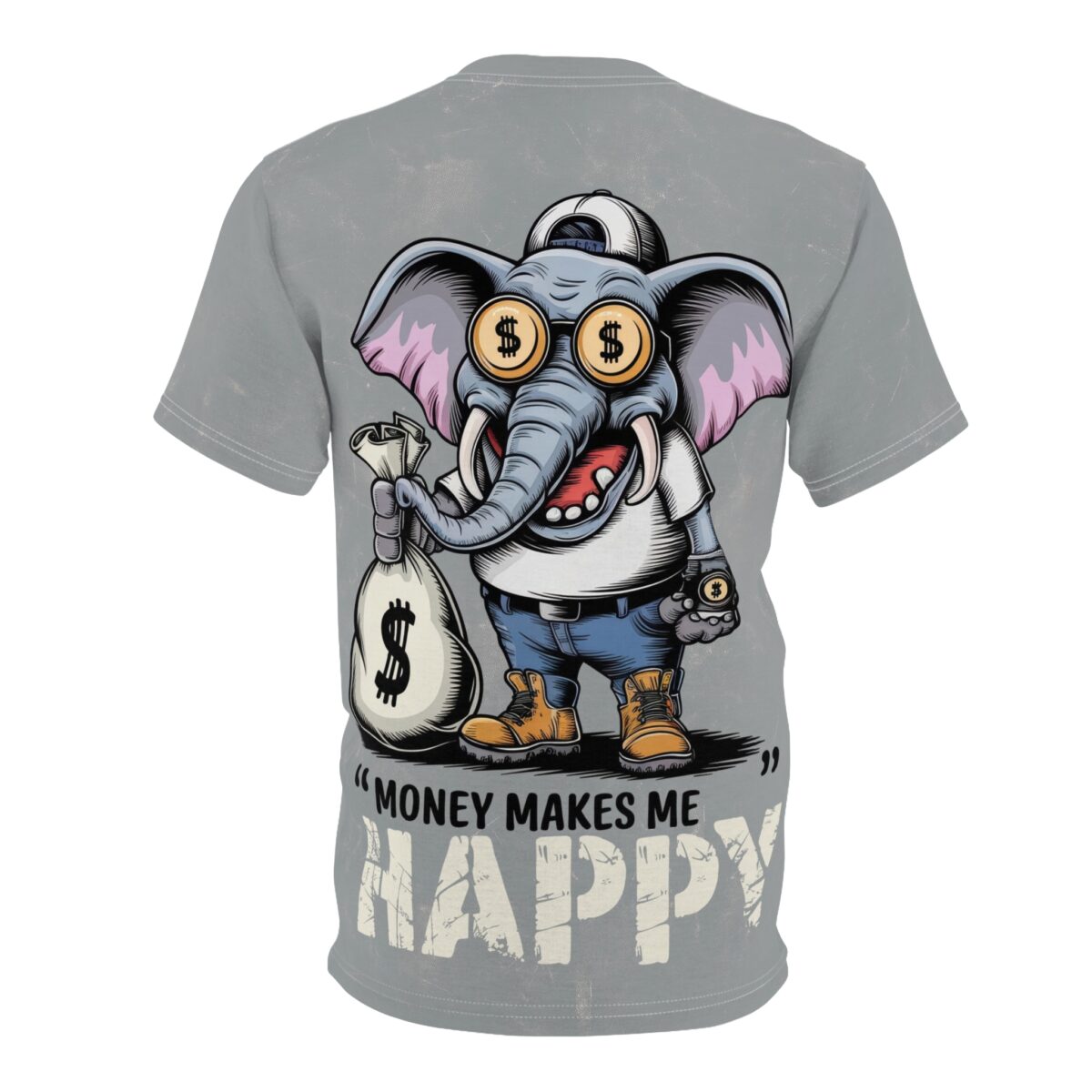 Light gray all over print sublimation tee, streetwear aesthetic. Cartoon elephant, dollar sign sunglasses, backwards cap, money bag, 'Money Makes Me Happy' text.
